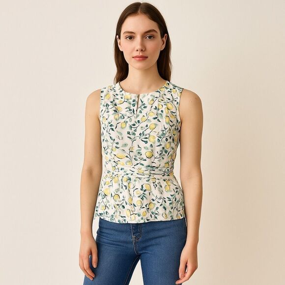 Revolve Tristan Lemon Citrus Print Cotton Waist Tie Tank Top Blouse - Picture 1 of 10
